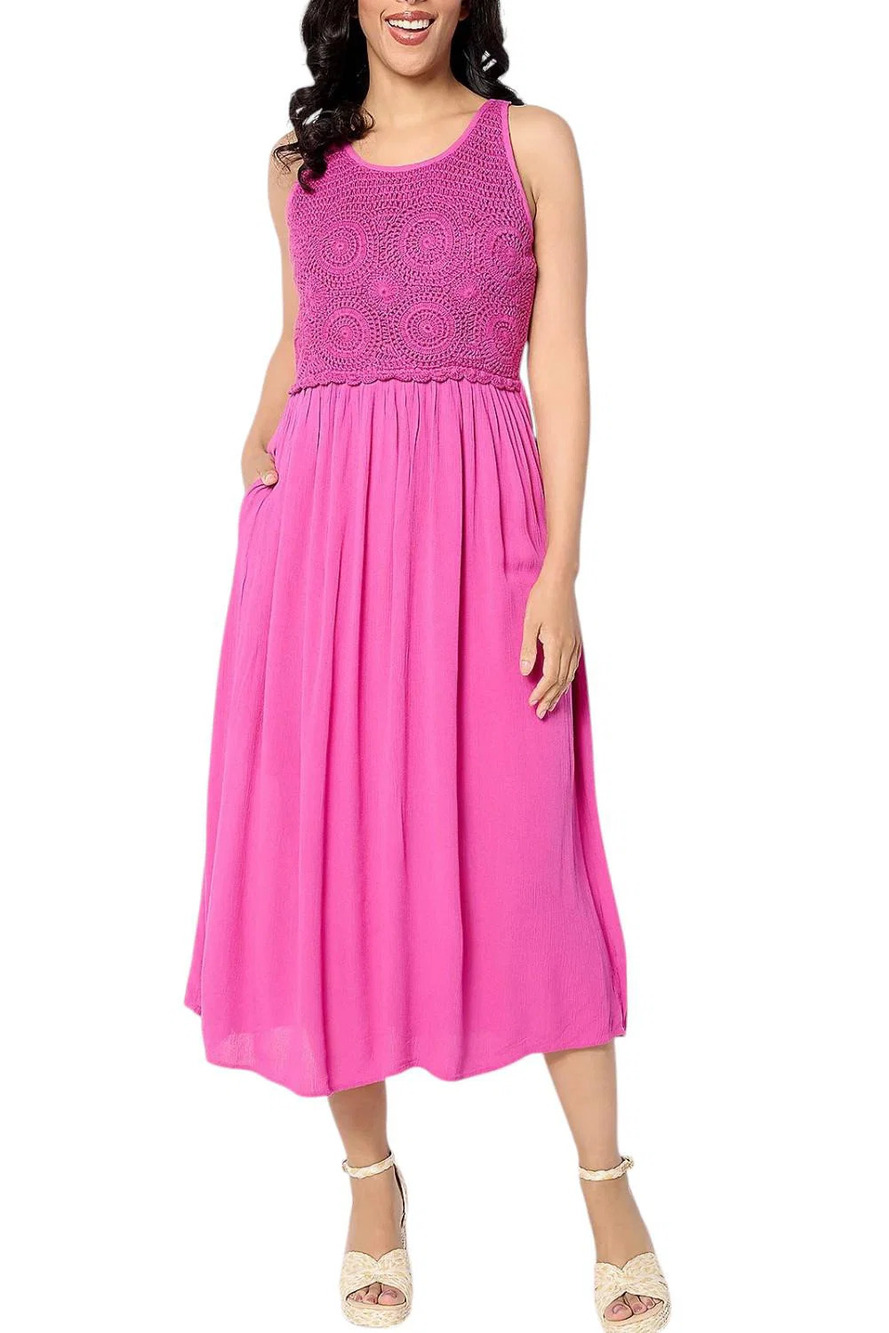 Destination 365 Women's Crinkle Chiffon Crochet Maxi Dress Fuchsia - Petite